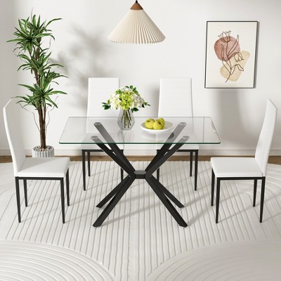 Dolonm Modern 47.24" Tempered Glass Dining Table w/Black/Gold/Silver Metal Legs,Easy Clean & Assemble for Kitchen/Dining Room