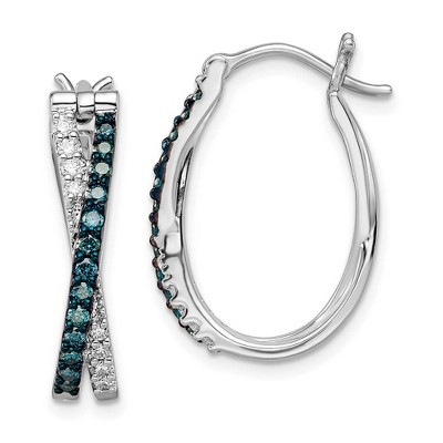 Black Bow Jewelry Blue & White Diamond Crossover Hinged Hoop Earrings in Sterling Silver