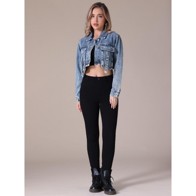 INSPIRE CHIC Women's Crop Turndown Collar Button Down Cargo Pockets Denim Jacket Medium Gray Blue — фото 3