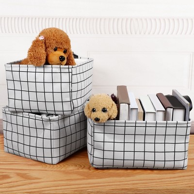 3 Pcs 15.7x11.8x8.3Inch Cotton Foldable Plaids Pattern with Two Handles Storage Bin Box White - PiccoCasa