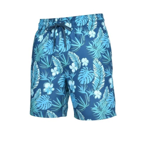 Burnside Men's Navy Teal Luau Flowers 6" inseam Swim Trunks-large