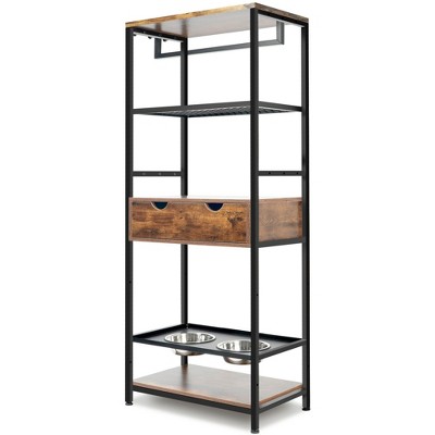 Lirago Black Vintage Cat Feeding Station 23.6x13.8x63"-3 Adjustable Bowls and Storage Shelves