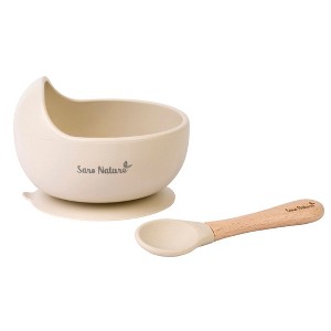 SARO "Nordic Wave" Silicone Baby Feeding Set: Suction Bowl & Wooden Spoon for Baby-Led Weaning & Self-Feeding - 1 of 4