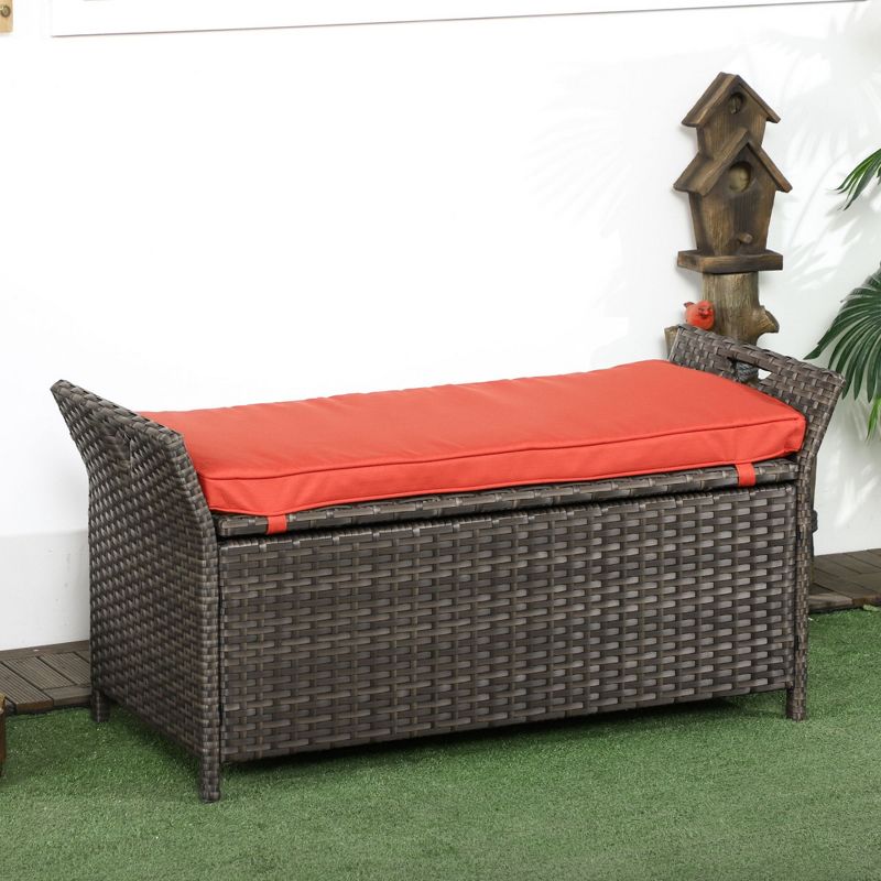 Outsunny Outdoor PE Rattan Two-In-One Storage Bench, Patio Wicker Large Capacity Footstool Rectangle Basket Box w/ Handles & Cushion, 4 of 8