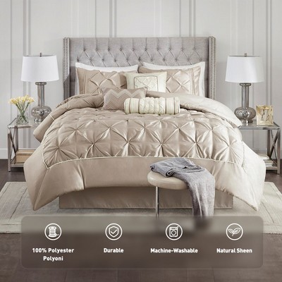7 Pcs Faux Silk Bedding Set, Solid Color RIAB Royal Style Comforter Set, Tufted Dimensional Design Smooth Edge Comforter with Matching Pillow Cases
