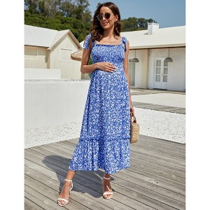 Womens Maternity Summer Casual Smocked Boho Dress Spaghetti Strap Sleeveless Ruffle Flowy Maxi Dress Baby Shower Photoshoot - 1 of 4