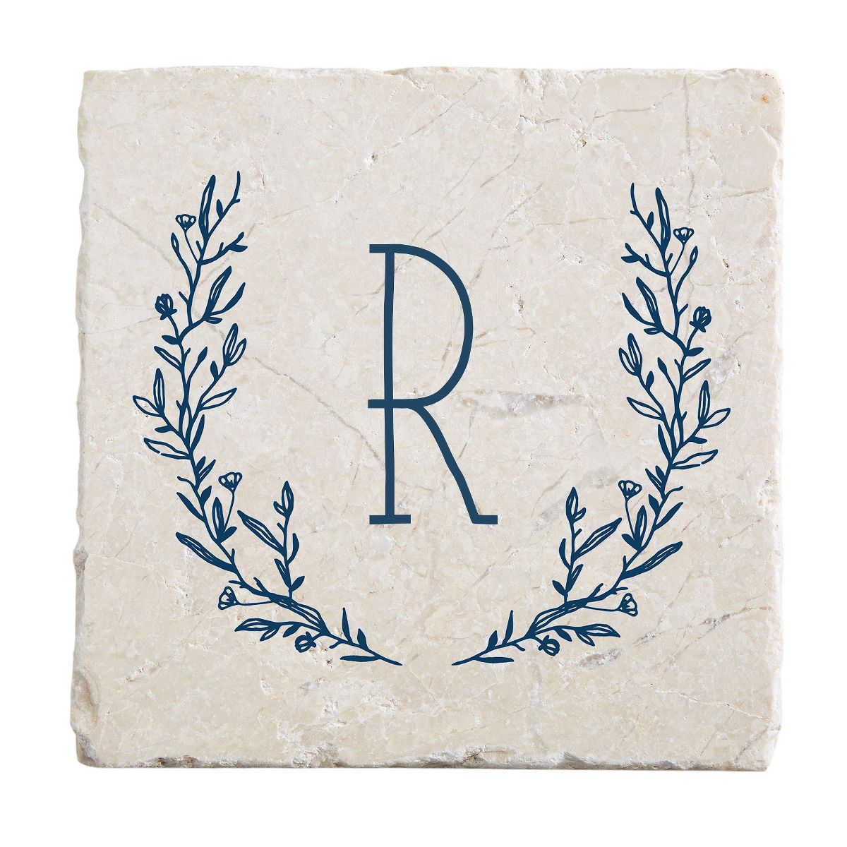 Personalization MallFarmhouse Floral Personalized Letter Tumbled Stone Coaster Set, R
