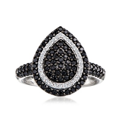 Ross-Simons 1.60 ct. t.w. Black Spinel and .60 ct. t.w. White Zircon Pear-Shaped Ring in Sterling Silver