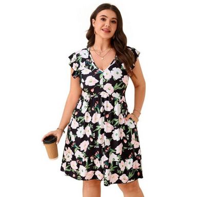 Coolmee Women's Summer Plus Size Casual Dresses Elastic Waist Pleated A  Line Ruffle Hem Dress 5X Black Powder Flower : Target