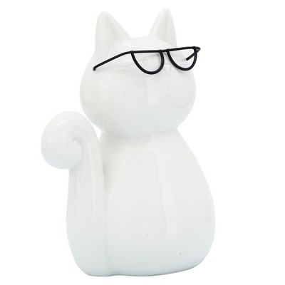 Sagebrook Home Cat with Glasses Sculpture - Contemporary Porcelain White and Black Cat Statue for Home or Office Decor