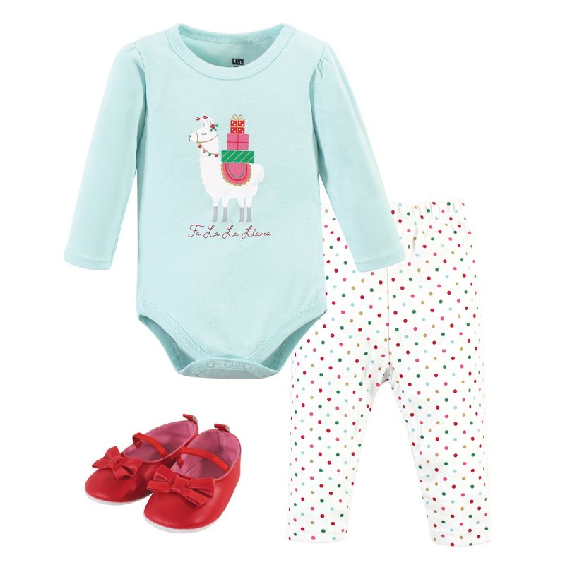 Hudson Baby Infant Girl Cotton Bodysuit, Pant and Shoe 3pc Set, Fa La Llama, 1 of 6