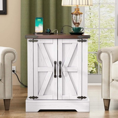 ORRD 19.6" Farmhouse Side Table with Chargers, Rustic Walnut Nightstand with Adjustable Shelves & Barn Door, White
