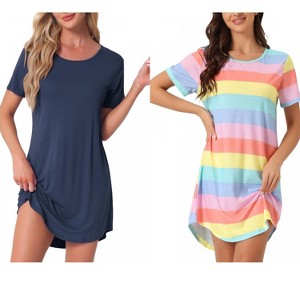 INSPIRE CHIC Women's 2 Pcs Curved-Hem Crew-Neck Striped Short-Sleeve Tee Dress Sleepshirt - 1 of 4