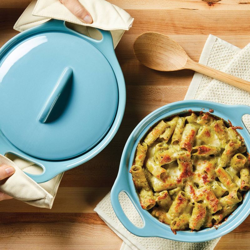Rachael Ray Solid Glaze Ceramic 3pk Round Casserole Set with Shared Lid Agave Blue, 4 of 7