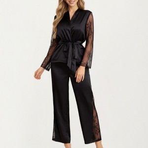 Anna-Kaci Lounge Women's Satin Pajama Set with Lace Sleeve Detail and Matching Tie-Waist Top and Straight-Leg Pants - 1 of 4