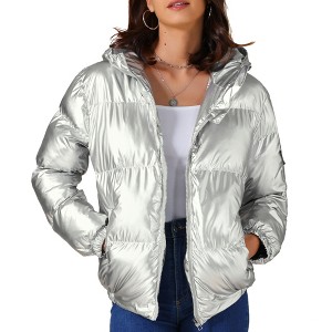 INSPIRE CHIC Women's Casual Shiny Pockets Hooded Winter Puffer Jackets - 1 of 4
