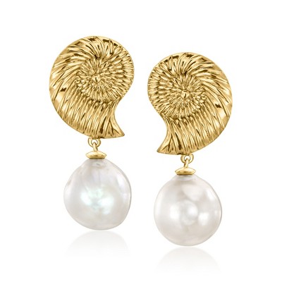 Ross-Simons 10-10.5mm Cultured Pearl Seashell Drop Earrings in 18kt Gold Over Sterling