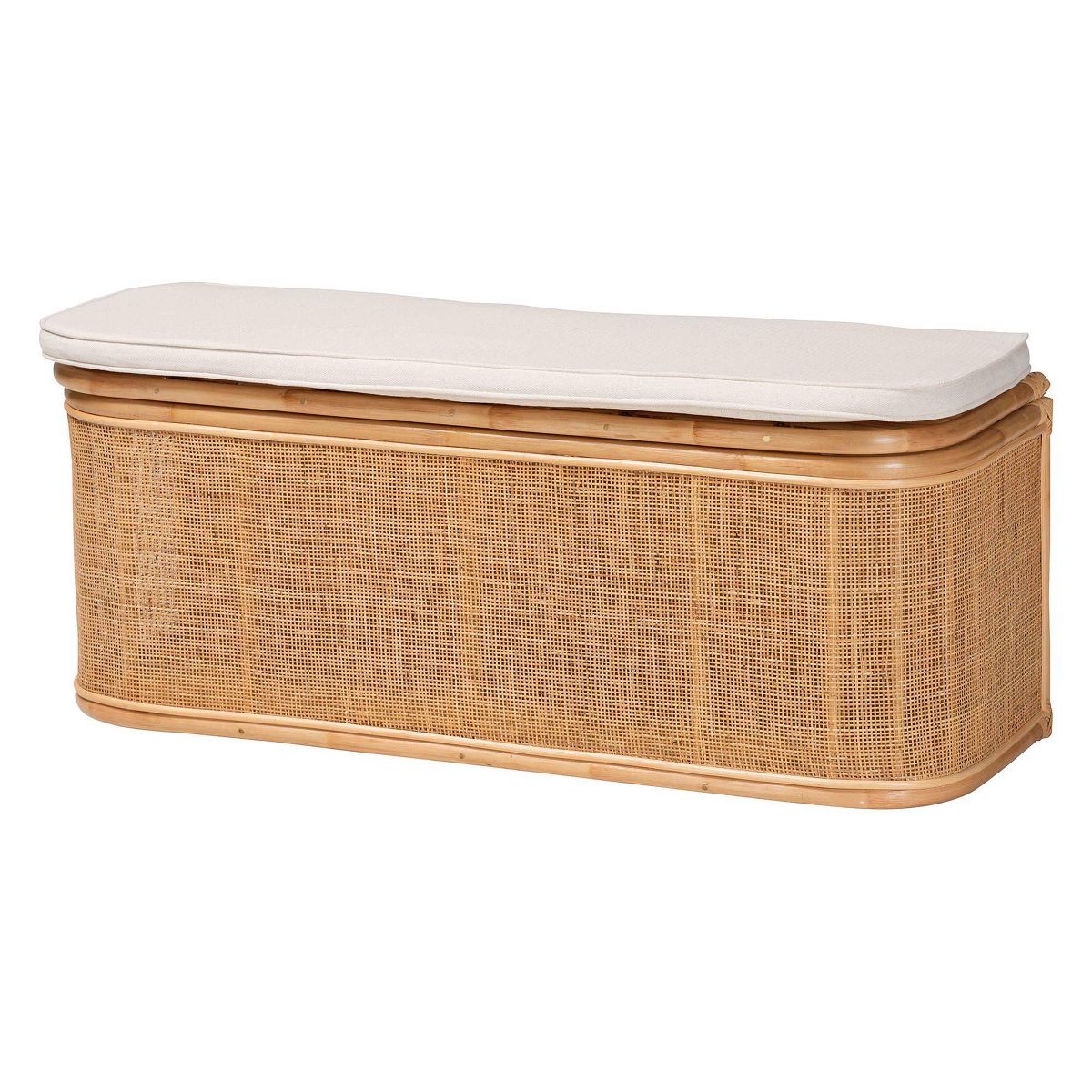bali & pari Ishana Natural Rattan Storage Bench Natural/White: Upholstered Polyester, Plywood Frame, No Assembly Required - thumbnail 2