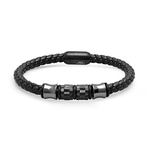 Steeltime Men's black braiced leather and black Ip stainless steel bracelet - 1 of 4