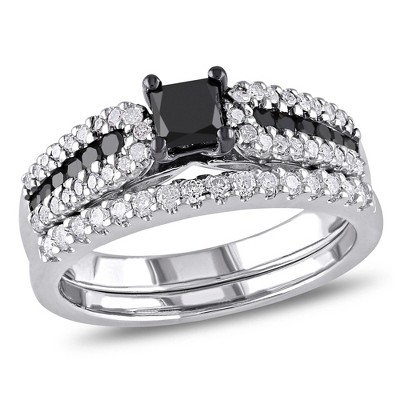 EVERLY JEWELRY | Black Rhodium Plated Sterling Silver 1 CT TW Black and White Princess and Round Diamonds Bridal Set