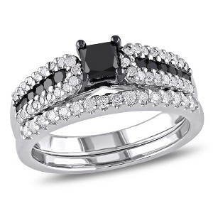 EVERLY JEWELRY | Black Rhodium Plated Sterling Silver 1 CT TW Black and White Princess and Round Diamonds Bridal Set - 1 of 4