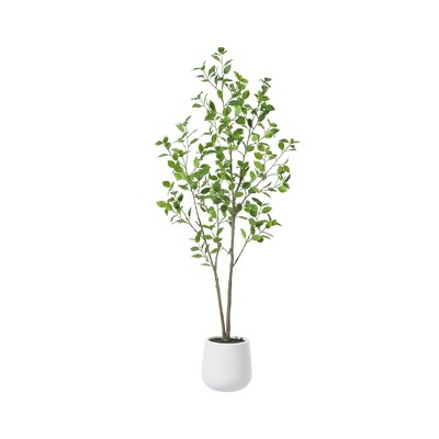 DR.Planzen 5-7FT Artificial Ficus Tree with Small Leaves in White Pot - Pre Potted Faux Tree for Indoor Home Decor