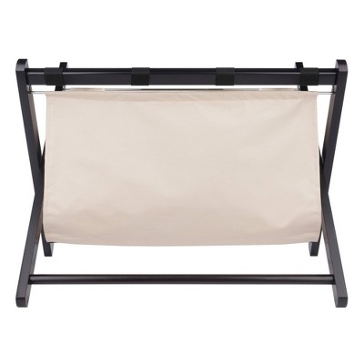 Espresso Wood Luggage Rack with Beige Fabric Basket
