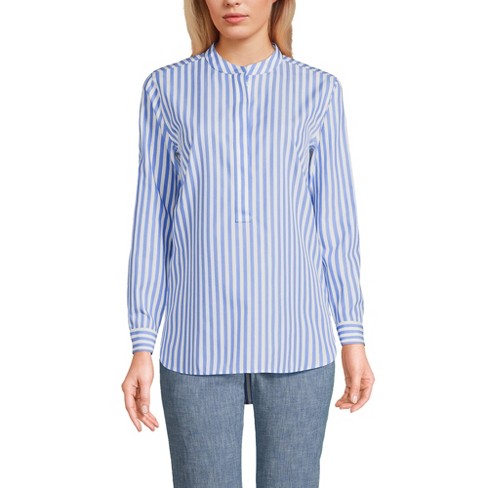 Lands End Women s No Iron Banded Collar Popover Shirt Large Chicory Blue Stripe Target