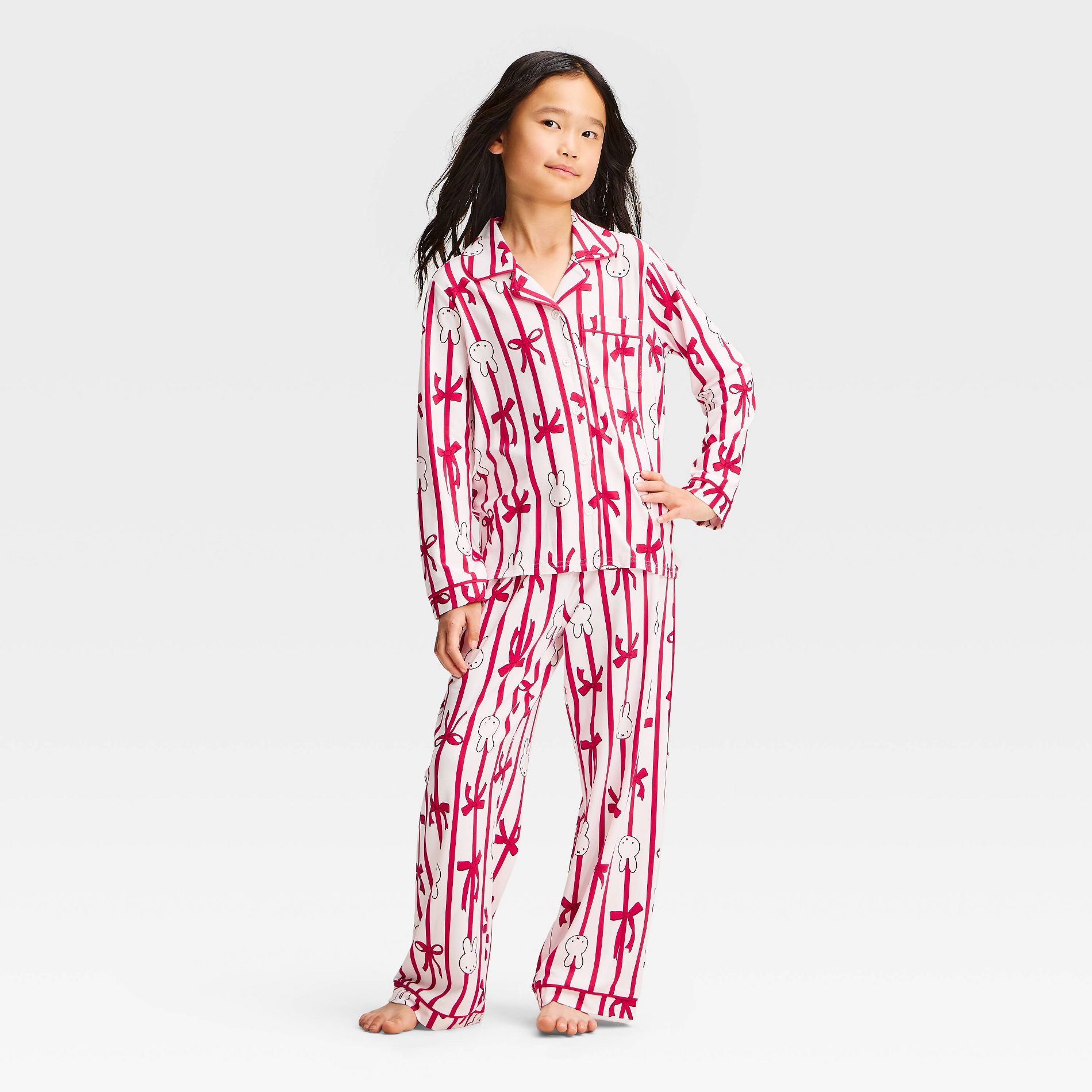 Girls' Miffy Holiday Long Sleeve Button-Down 2pc Pajama Set - White/Red