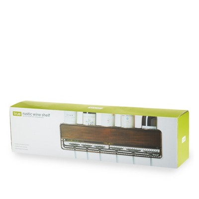 Brown Wood and Iron Wall Mounted Wine Shelf with Stemware Rack