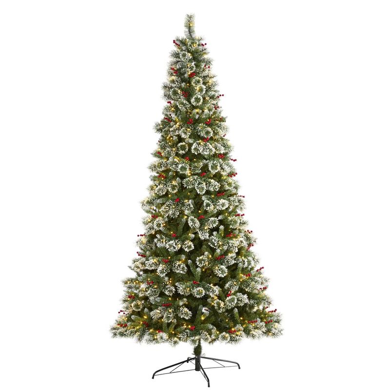 Nearly Natural 9-ft Frosted Swiss Pine Artificial Christmas Tree with 700 Clear LED Lights and Berries, 1 of 8