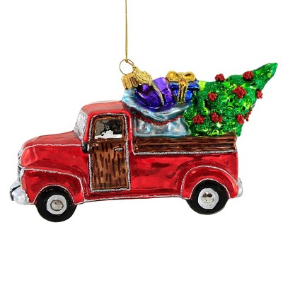 Huras 3.5" Red Truck With Christmas Tree Ornament Pick Up Country  -  Tree Ornaments