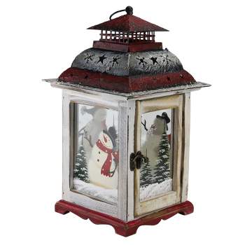 Northlight 14.5" Rustic Red and White Snowman Christmas Scene Candle Lantern