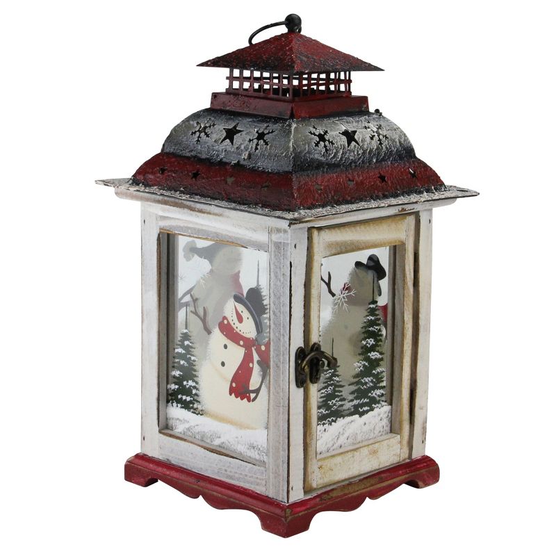Northlight 14.5" Rustic Red and White Snowman Christmas Scene Candle Lantern, 1 of 7