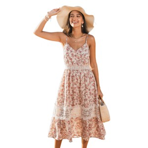Women's Floral Print Lace Trim Spaghetti Strap Maxi Dress - Cupshe - 1 of 4