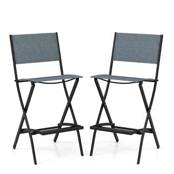 Costway Set of 2 Outdoor Bar Chair Folding Bar Height Stool with Metal Frame Blue/Coffee