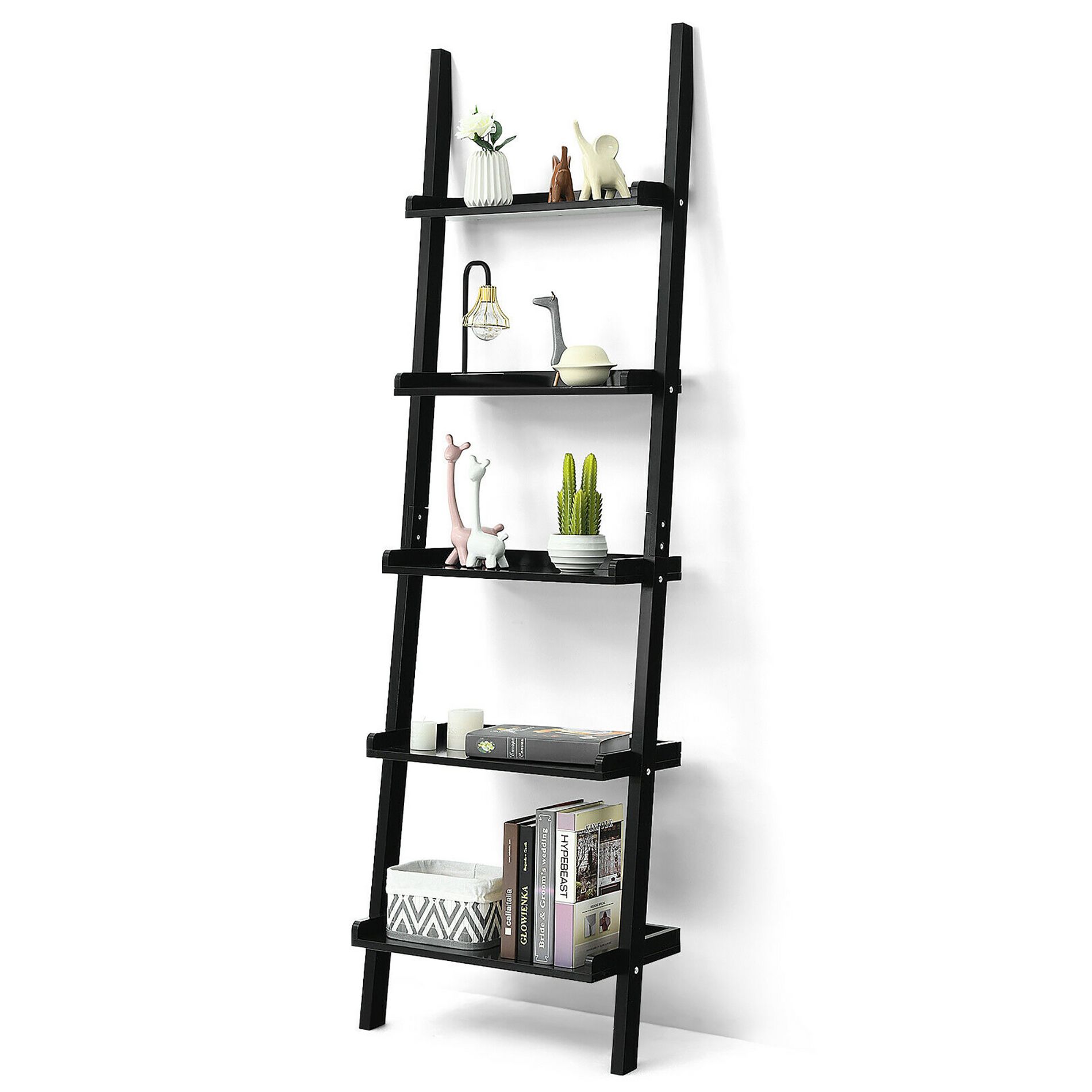 Costway Versatile White 5-Tier Bookshelf Leaning Wall Shelf Ladder  Bookcase White/Black