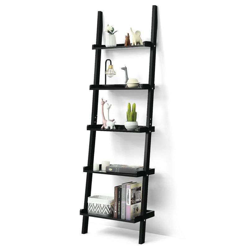 Costway Ladder Shelf 5-Tier Plant Stand Wall-leaning Bookcase Display Rack Black, 1 of 11