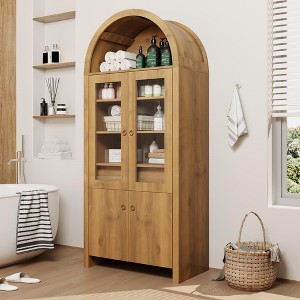 71" Tall Arched Kitchen Pantry Cabinet, Farmhouse Storage Cabinet with Adjustable Shelves, Hidden Drawer, Glass Doors, for Kitchen, Living Room - 1 of 4