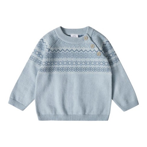 Stellou & Friends 100% Cotton Jacquard Design Infant Baby Long Sleeve Crew  Neck Sweater - 0-3 Months / Light Blue with Ocean Blue and White