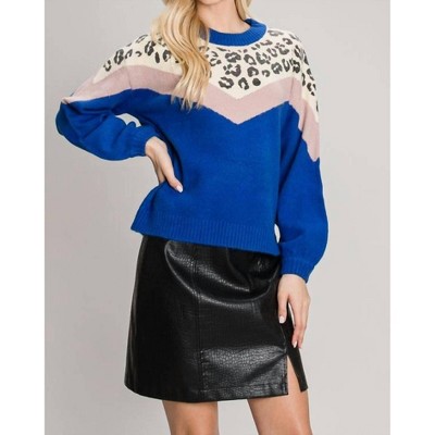 Women's Soft Plush Chevron Leopard Print Pullover Sweater - ALLIE ROSE