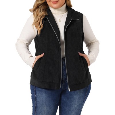 Agnes Orinda Women's Plus Size Corduroy Zipper Side Pocket Casual  Sleeveless Fleece Vests Black 4X