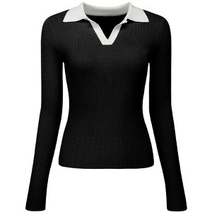 INSPIRE CHIC Women's V Neck Contrast Color Long Sleeve Polo Sweater Fitted Knit Top - 1 of 4