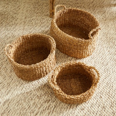 Natural Seagrass Oval Storage Basket Set with Handles