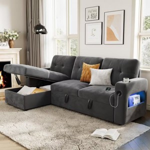 COZONY 84" Sleeper Sofa with Storage, Convertible Velvet Sectional Couch Bed with LED Lights, Reversible Chaise & Pull-Out Bed for Living Room - 1 of 4