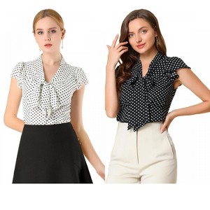 INSPIRE CHIC Women's Polka Dots Tie V Neck Flutter Cap Sleeve Blouse 2 Packs - 1 of 4