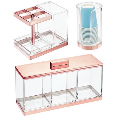 mDesign 3 Piece Bathroom Vanity, Counter Storage Accessory Set - Clear/Rose Gold