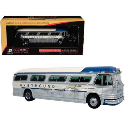 1959 GM PD4104 Motorcoach Bus "Greyhound" Silver and Cream with Blue Stripes 1/87 (HO) Diecast Model by Iconic Replicas