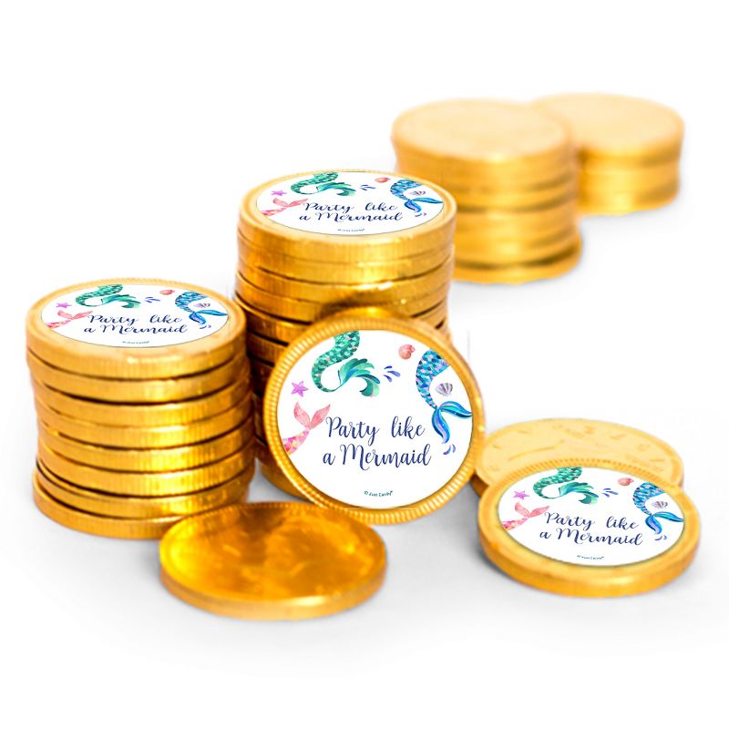 84 Pcs Mermaid Tails Kid's Birthday Candy Party Favors Chocolate Coins with Gold Foil, 1 of 3