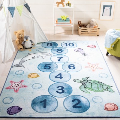 Blue Geometric Kids Washable Non-slip Area Rug